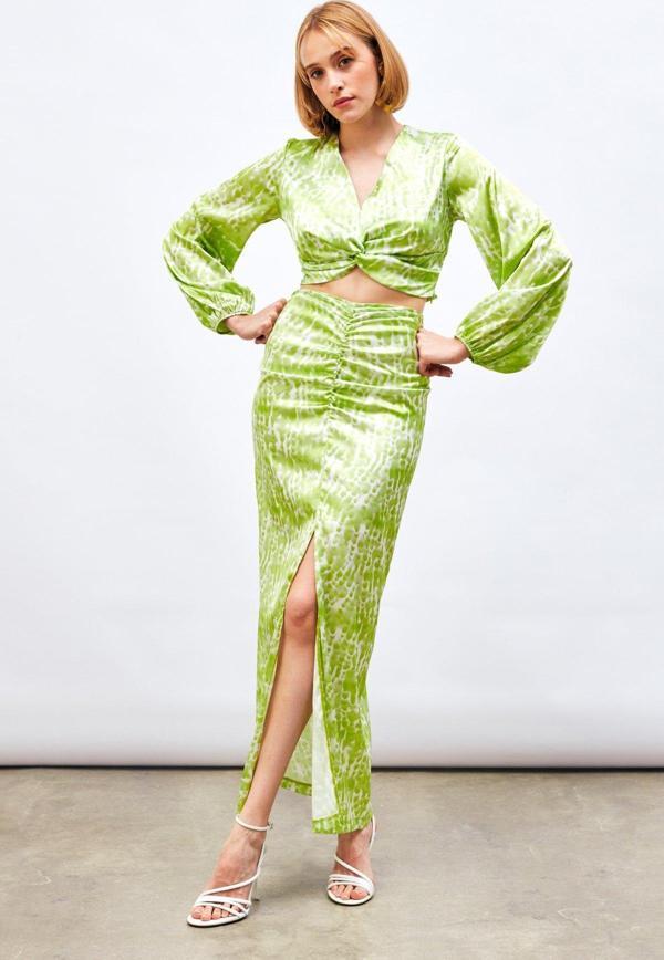 Yırtmaç Detaylı Desenli Uzun Etek - Yağ Yeşili - Image 1