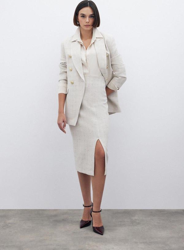 Simli Midi Boy Tüvit Etek - Bej - Image 1