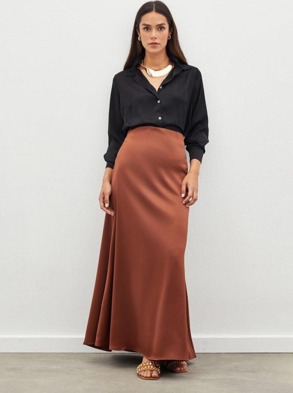 Uzun Saten Etek - Kahve - Image 1