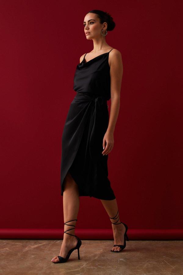 Bağlama Detaylı Kruvaze Etek - Siyah - Image 1