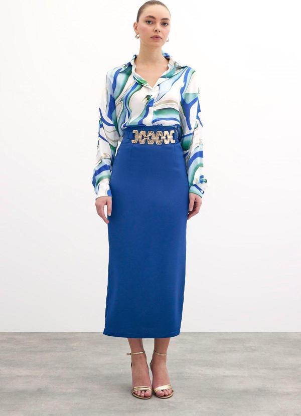 Gold Aksesuarlı Uzun Etek - Sax Mavi - Image 1