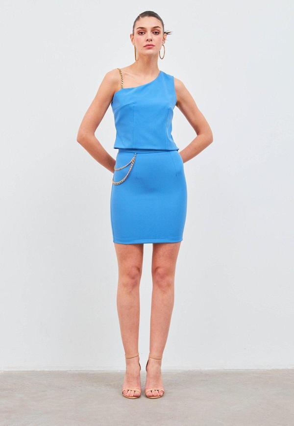 Zincir Aksesuarlı Mini Etek - Sax Mavi - Image 1