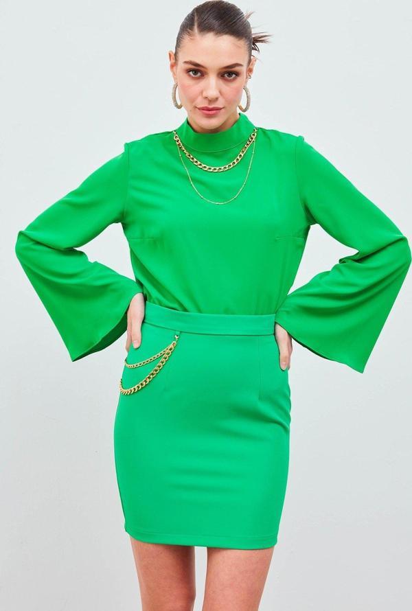 Zincir Aksesuarlı Mini Etek - Yeşil - Image 1
