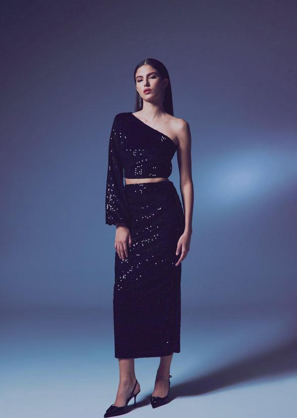 Kadife Payetli Midi Etek - Siyah - Image 1