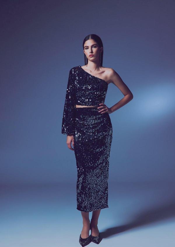 Kadife Payetli Midi Etek - Gümüş - Image 1