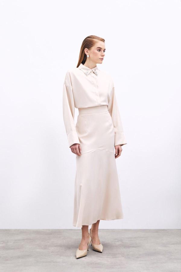 Kesik Detaylı Saten Etek - Bej - Image 1