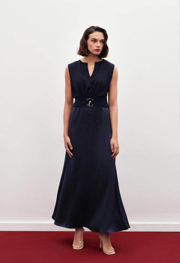 Uzun Saten Etek - Lacivert - Image 1