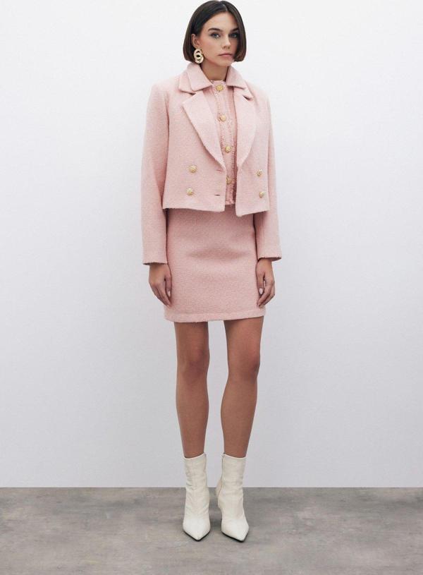 Simli Mini Tüvit Etek - Pudra - Image 1