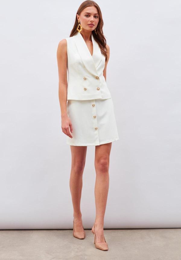 Düğme Detaylı Mini Etek - Ekru - Image 1