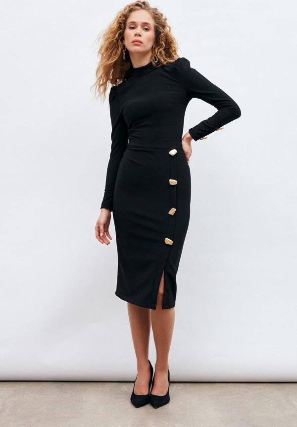 Düğme Detaylı Kalem Etek - Siyah - Image 1