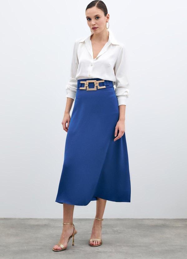 Bel Aksesuarlı Saten Krep Etek - Sax Mavi - Image 1