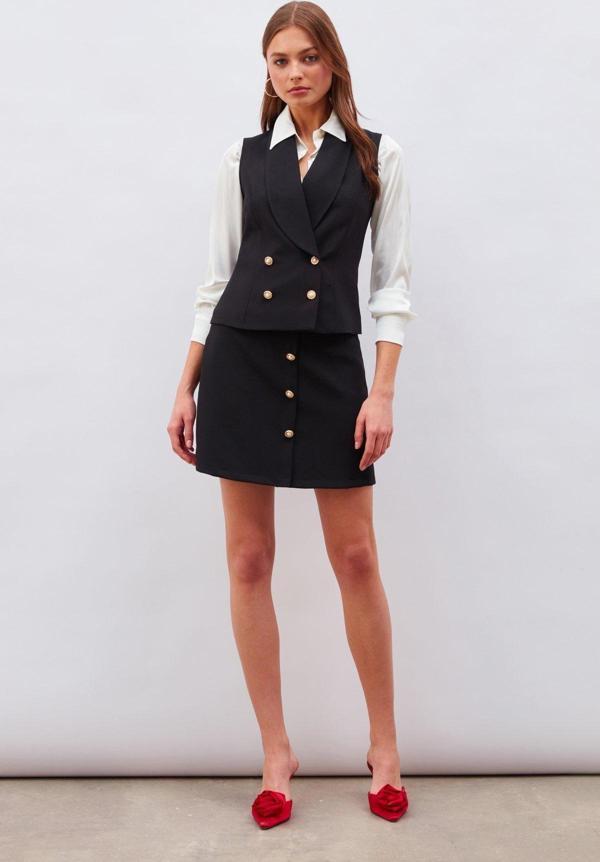 Düğme Detaylı Mini Etek - Siyah - Image 1