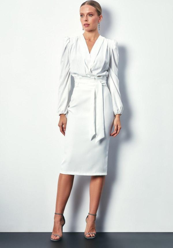 Kuşaklı Kalem Etek - Ekru - Image 1