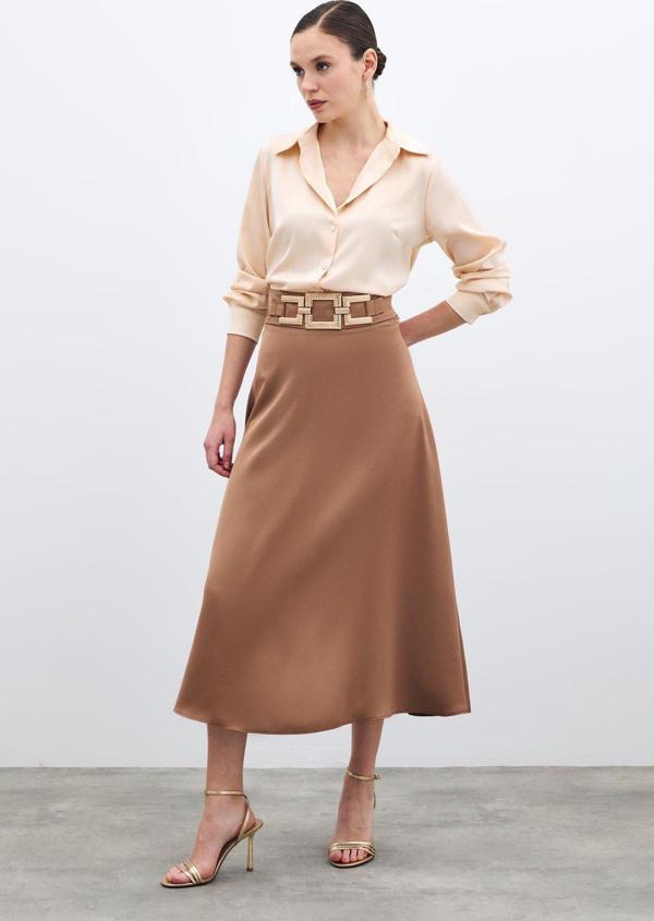 Bel Aksesuarlı Saten Krep Etek - Camel - Image 1