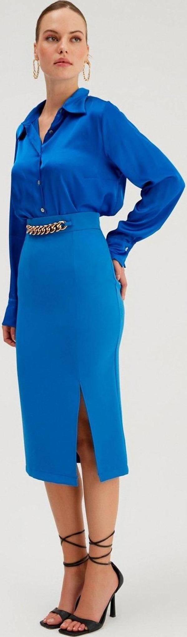 Zincir Detaylı Kalem Etek - Sax Mavi - Image 1