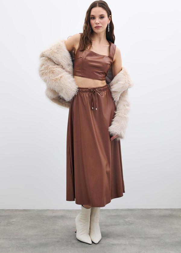 Bel Lastikli Deri Etek - Kahve - Image 1
