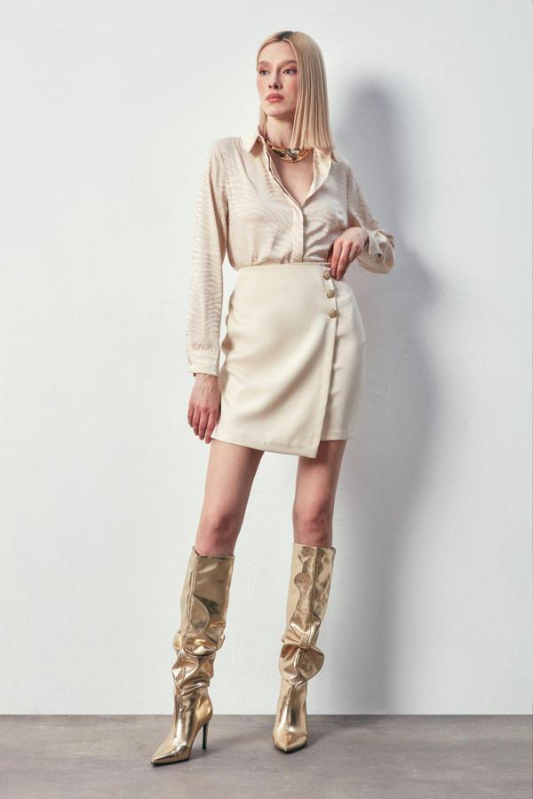 Kruvaze Düğme Detaylı Etek - Bej - Image 1