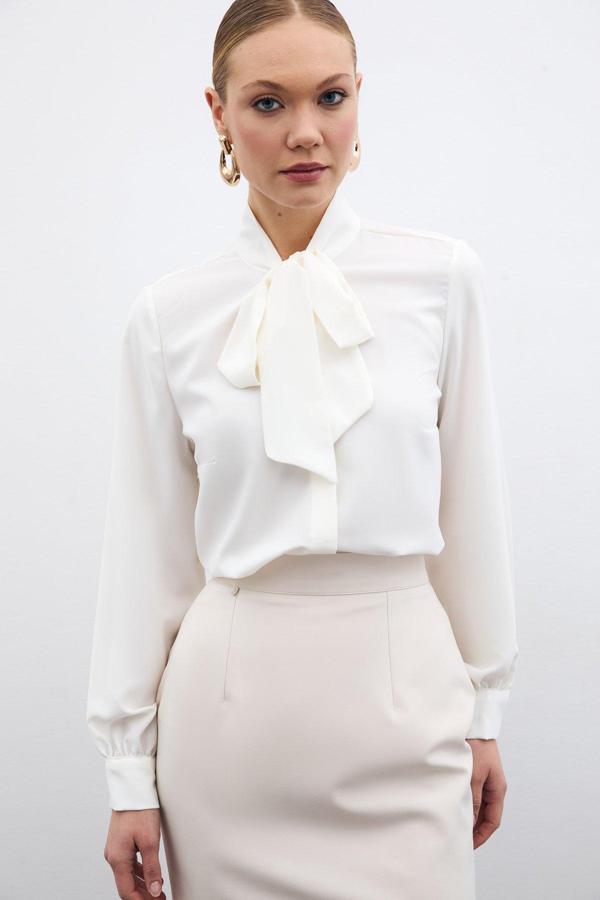 Yakası Bağlamalı Düz Gömlek - Ekru - Image 1