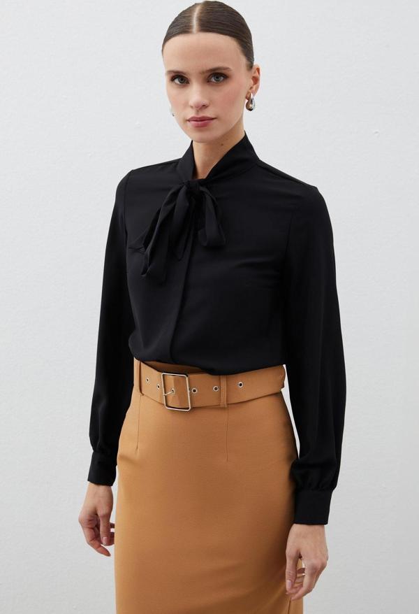 Yakası Bağlamalı Düz Gömlek - Siyah - Image 1