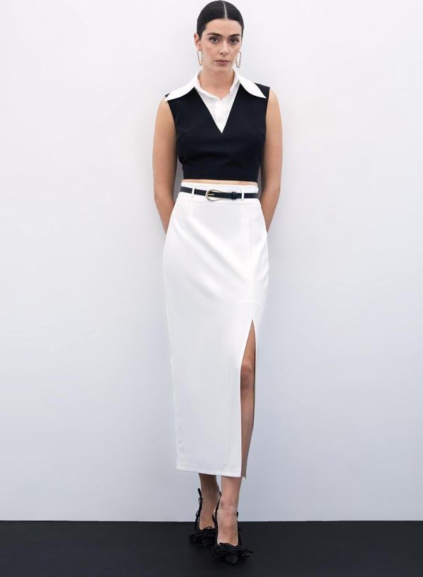 Yırtmaçlı Kemerli Uzun Etek - Ekru - Image 1