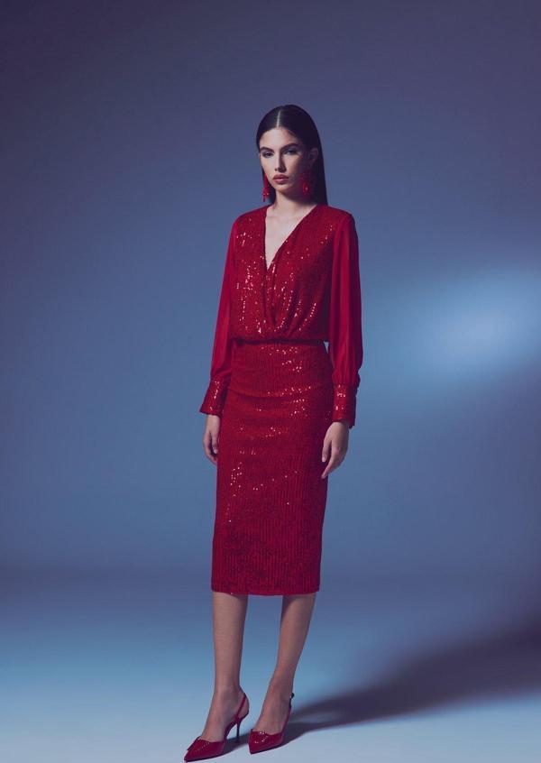 Payet Detaylı Kalem Etek - Kırmızı - Image 1