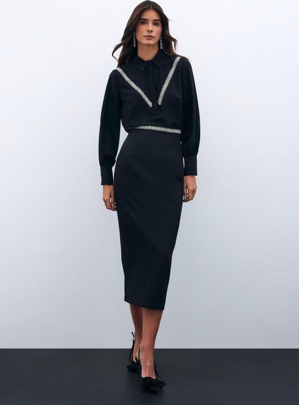 Bel Aksesuarlı Midi Etek - Siyah - Image 1