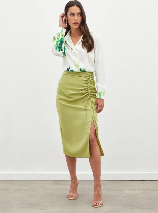 Büzgü Detaylı Saten Etek - Yağ Yeşili - Image 1