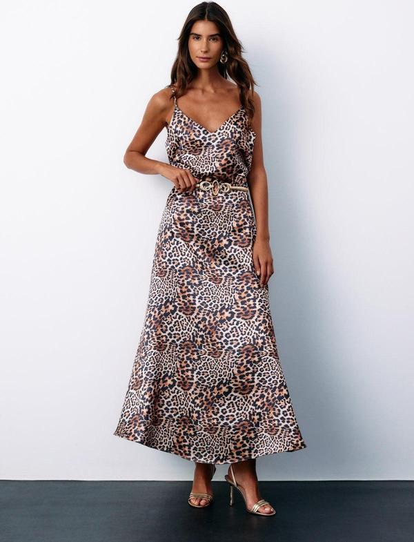 Leopar Desenli Saten Etek - Kahve - Image 1