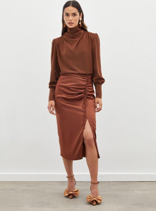 Büzgü Detaylı Saten Etek - Kahve - Image 1