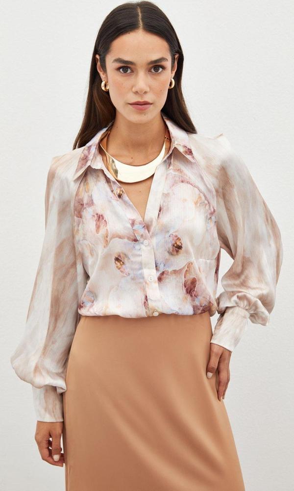 Balon Kollu Desenli Gömlek - Taş - Image 1