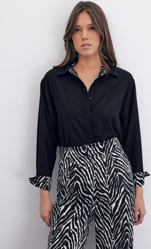Zebra Desenli Klasik Gömlek - Siyah - Image 1