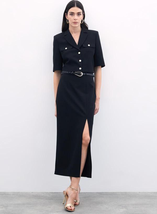 Yırtmaçlı Kemerli Uzun Etek - Siyah - Image 1