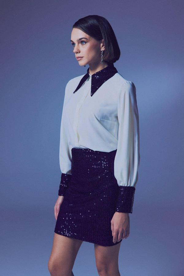 Payet Detaylı Gömlek - Ekru-Lacivert - Image 1