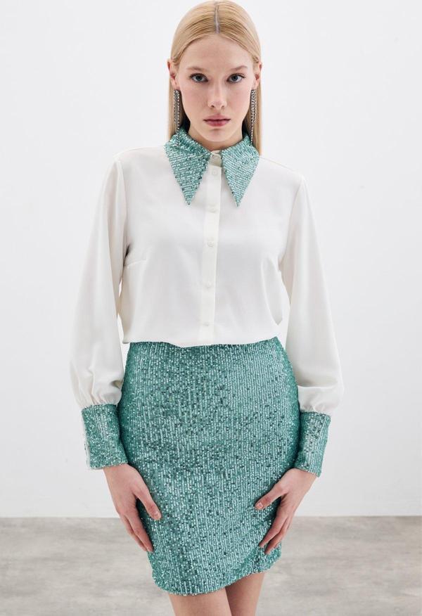 Payet Detaylı Gömlek - Ekru-Mint - Image 1