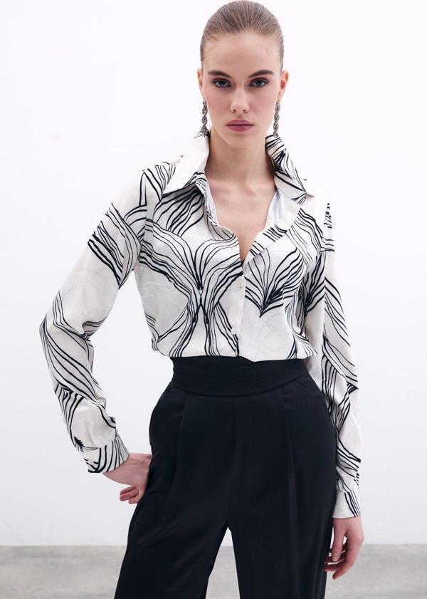 Desenli Saten Gömlek - Siyah - Image 1