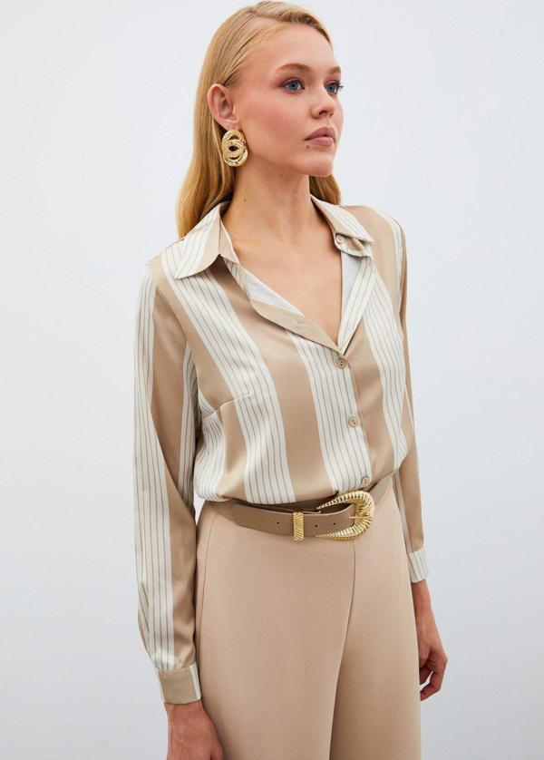 Çizgi Desenli Gömlek - Bej - Image 1
