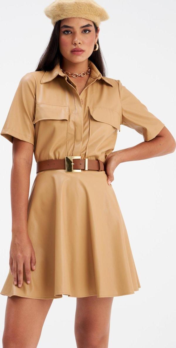 Kloş mini deri etek - Bej - Image 1