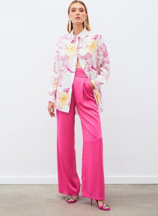 Renkli Desenli Salaş Gömlek - Fuşya - Image 1