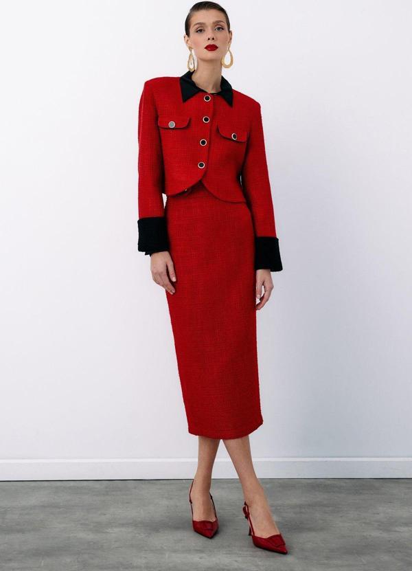 Süs Düğmeli Tüvit Kalem Etek - Kırmızı - Image 1