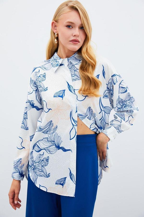 Renkli Desenli Salaş Gömlek - Sax Mavi - Image 1