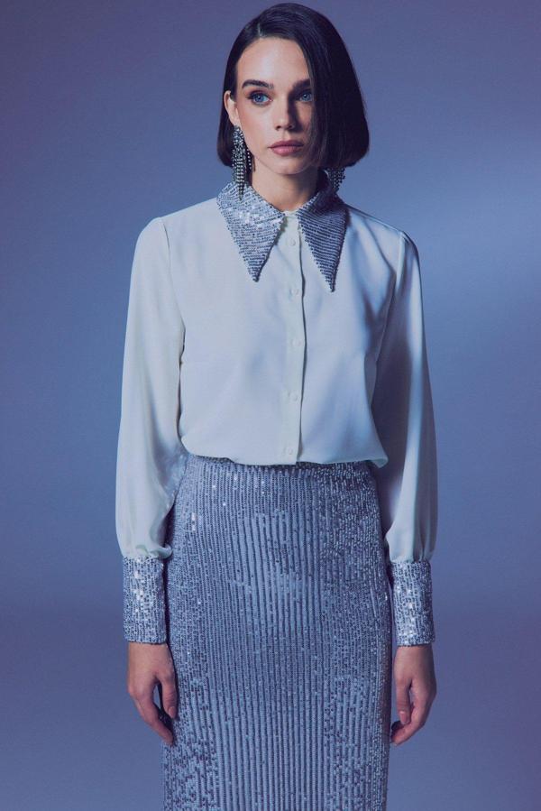 Payet Detaylı Gömlek - Ekru-Gümüş - Image 1