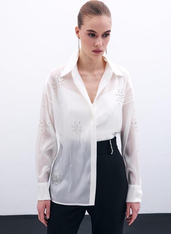 İşlemeli Organze Gömlek - Ekru - Image 1