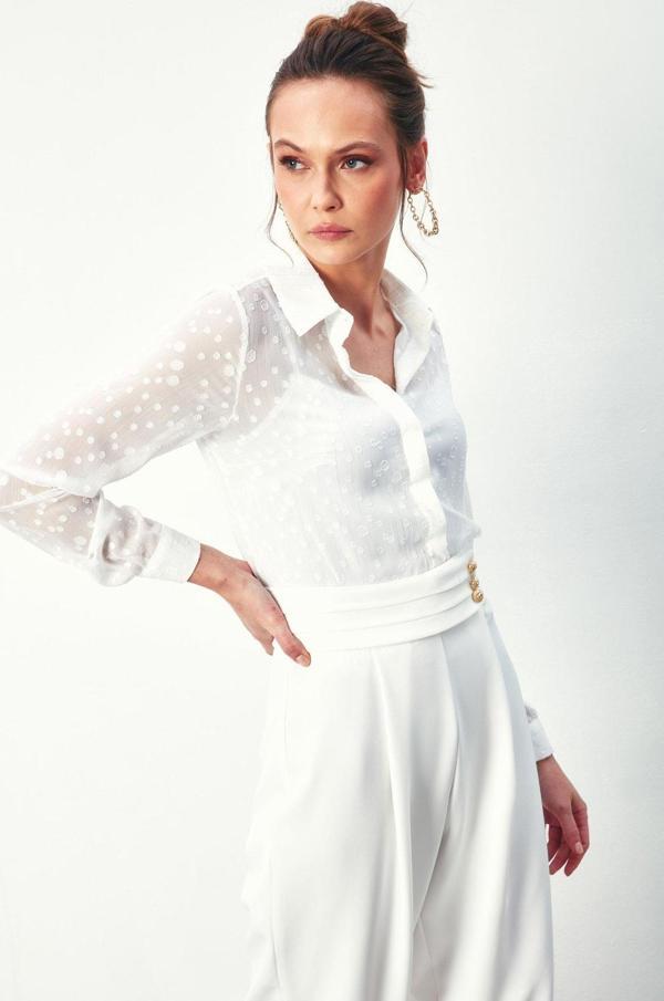 Desenli Klasik Gömlek - Ekru - Image 1