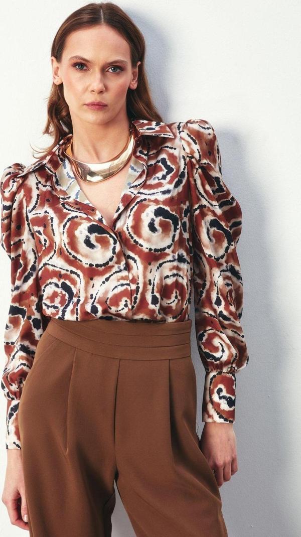Balon Kol Desenli Gömlek - Kahve - Image 1