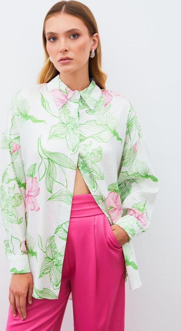 Renkli Desenli Salaş Gömlek - Yeşil - Image 1