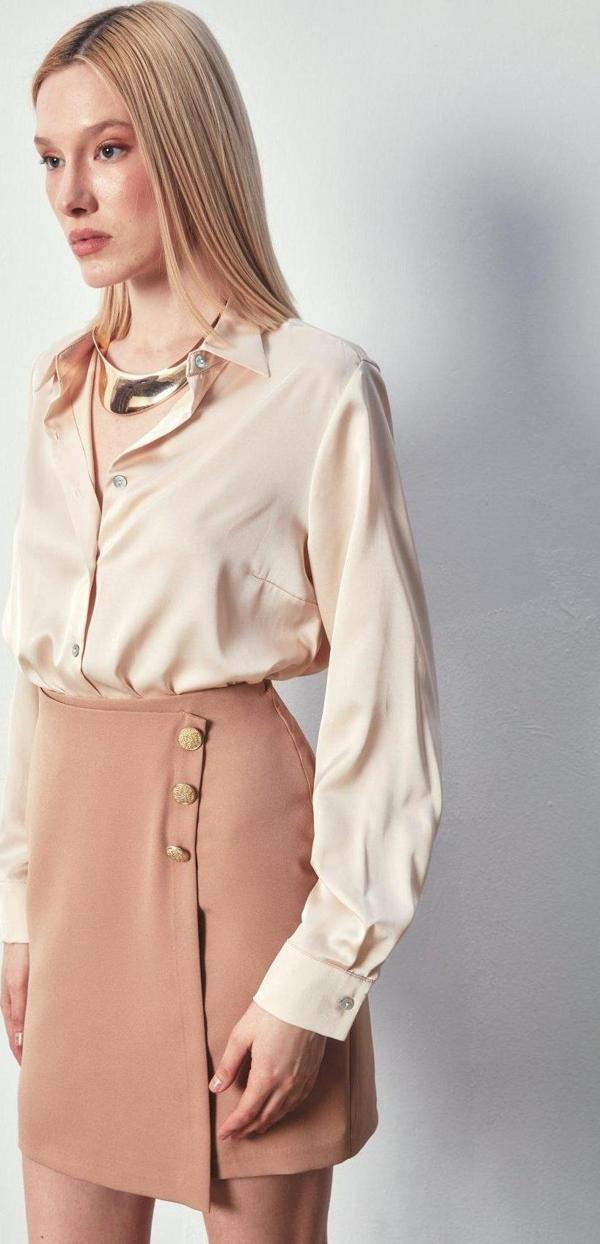 Kruvaze Düğme Detaylı Etek - Camel - Image 1