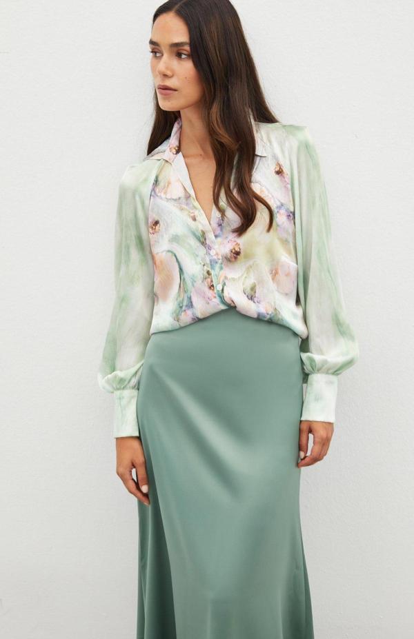 Balon Kollu Desenli Gömlek - Çağla Yeşili - Image 1