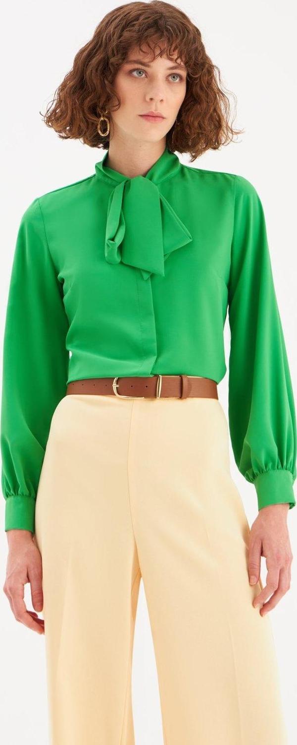 Yakası Bağlamalı Düz Gömlek - Yeşil - Image 1