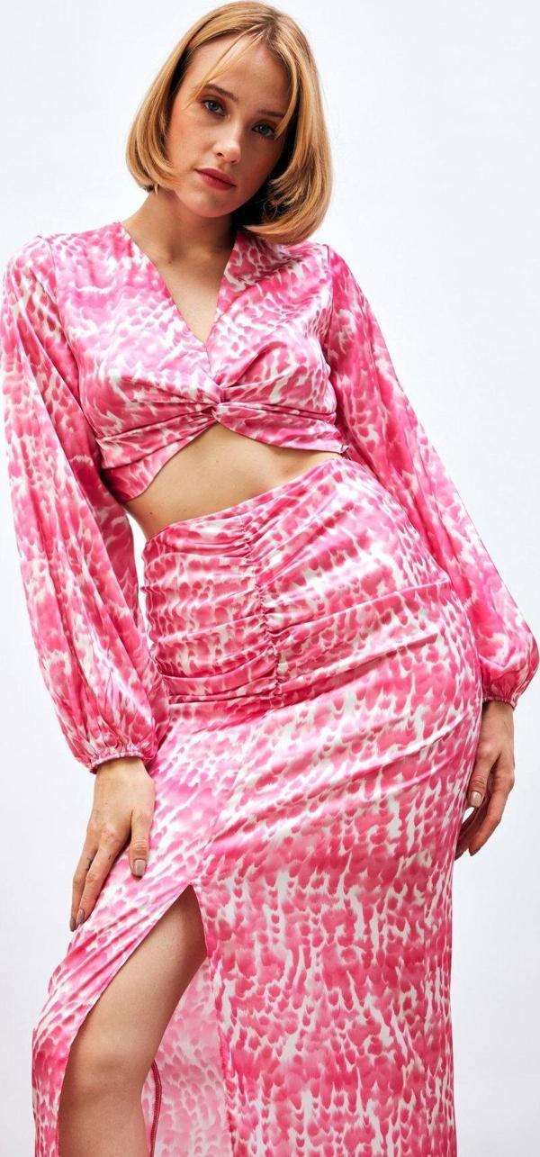 Düğüm Detaylı Desenli Bluz - Pembe - Image 1