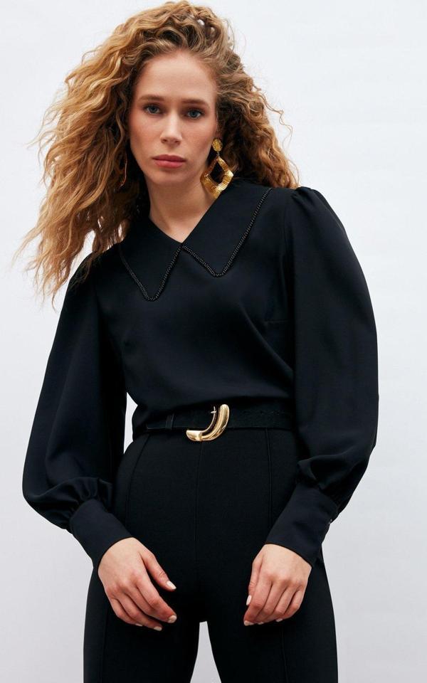 İnci Yakalı Bluz - Siyah - Image 1